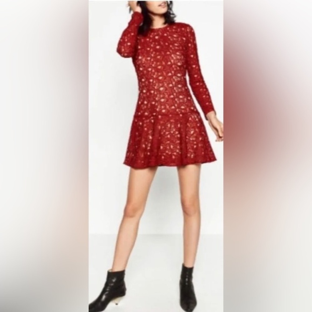 Zara dark red burgundy crochet lace peplum long sleeve short dress size small‎